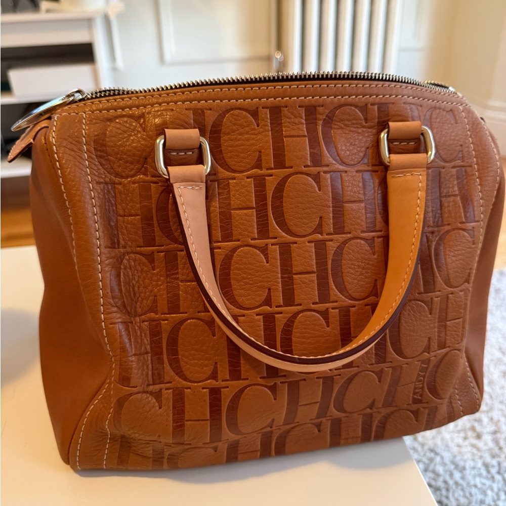 Like New - Carolina Herrera Andy 7 Tan Embossed CH Logo Leather Satchel